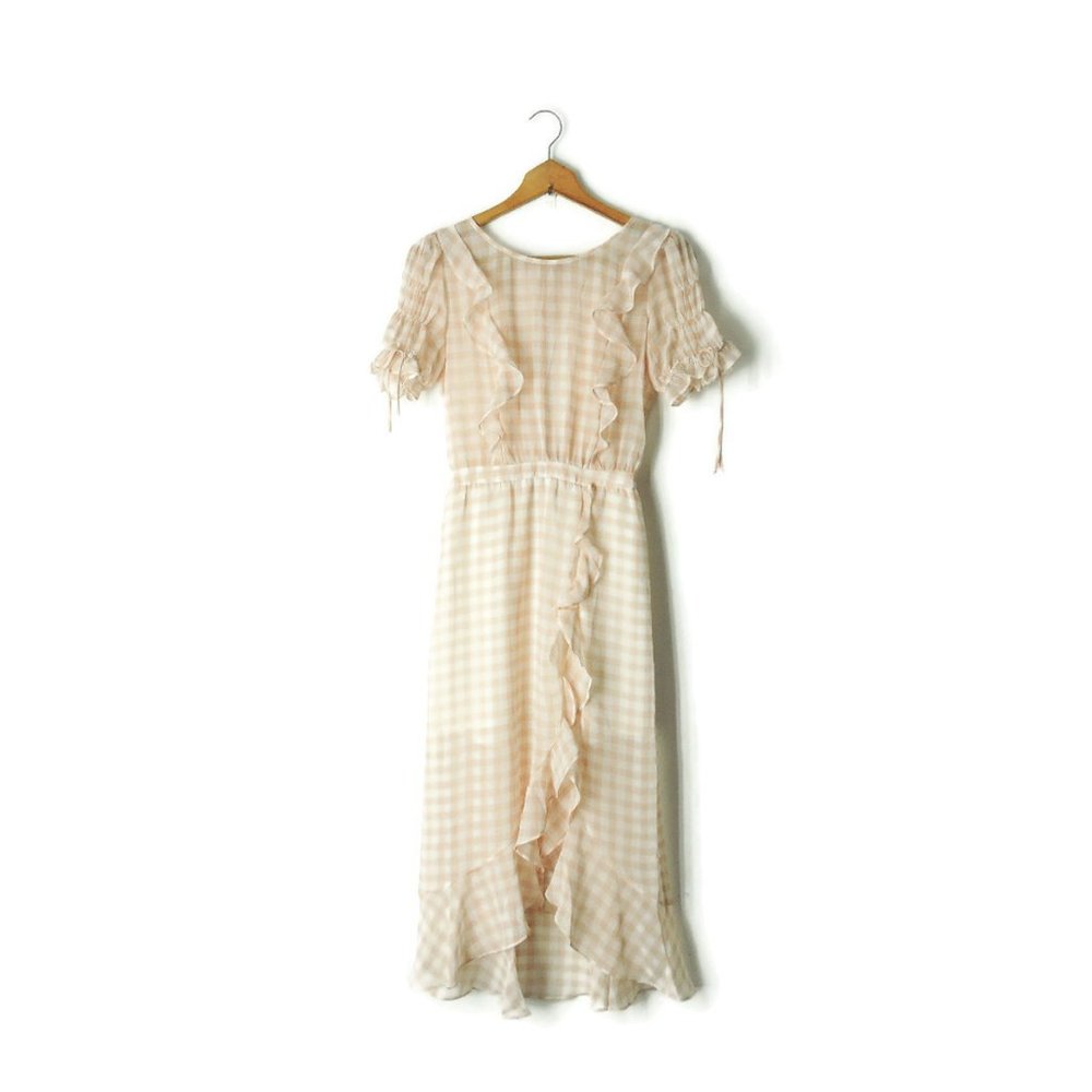 For Love and Lemons Pink Gingham Dorothy Midi Dress ruffles sheer chiffon XS